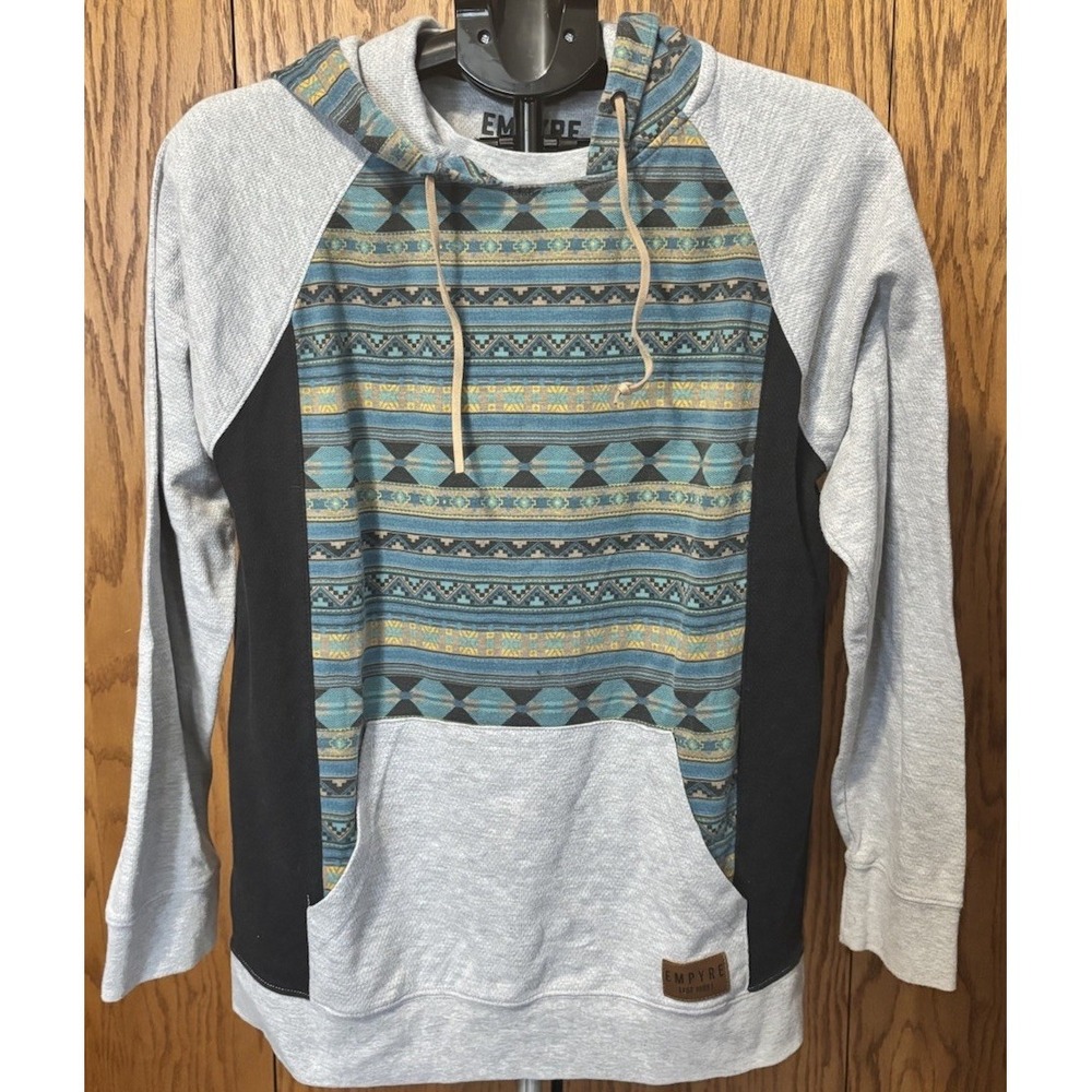 Empyre Mens M  Hoodie Aztec Blue Gray Native Pullover‎ Pocket Southwest Drawstr